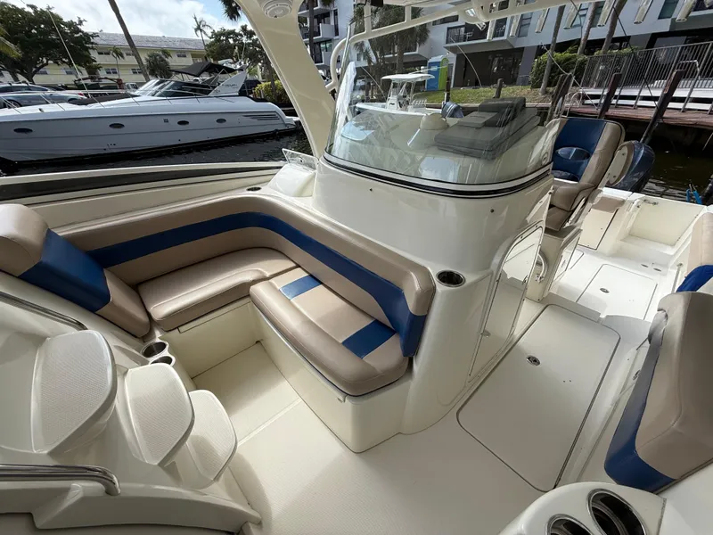 Slide: The Image of 2008 Hydra-Sports Vector 3500 VX boat interior with seating and helm station. - 27