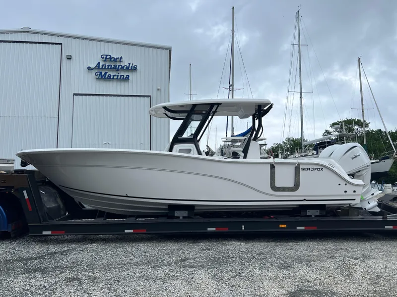 Slide: The Image of 2025 Sea Fox 288 Commander boat on trailer at Port Annapolis Marina. - 1