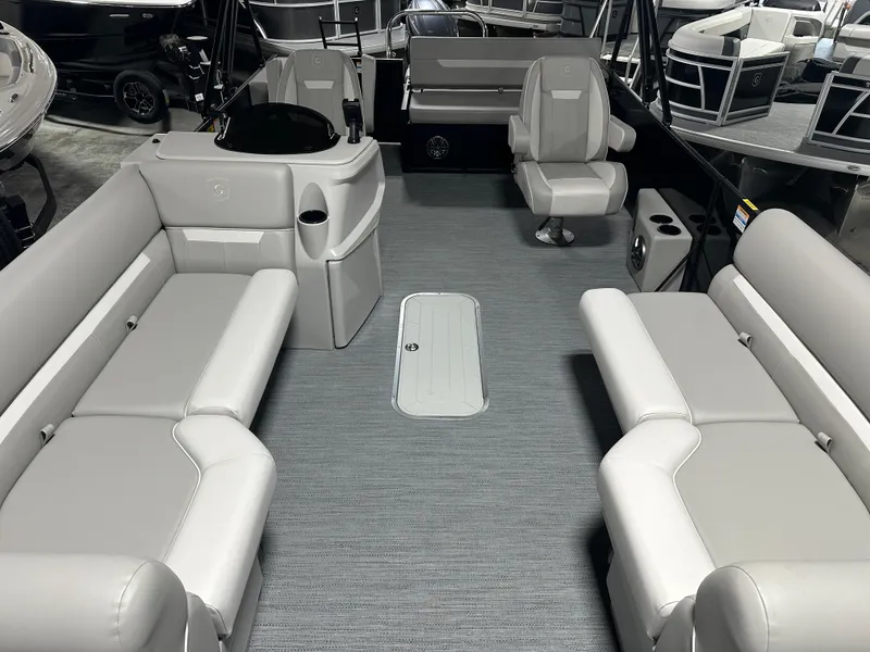 Slide: The Image of 2025 Godfrey Xperience Lounge boat interior with spacious seating and modern design. - 12