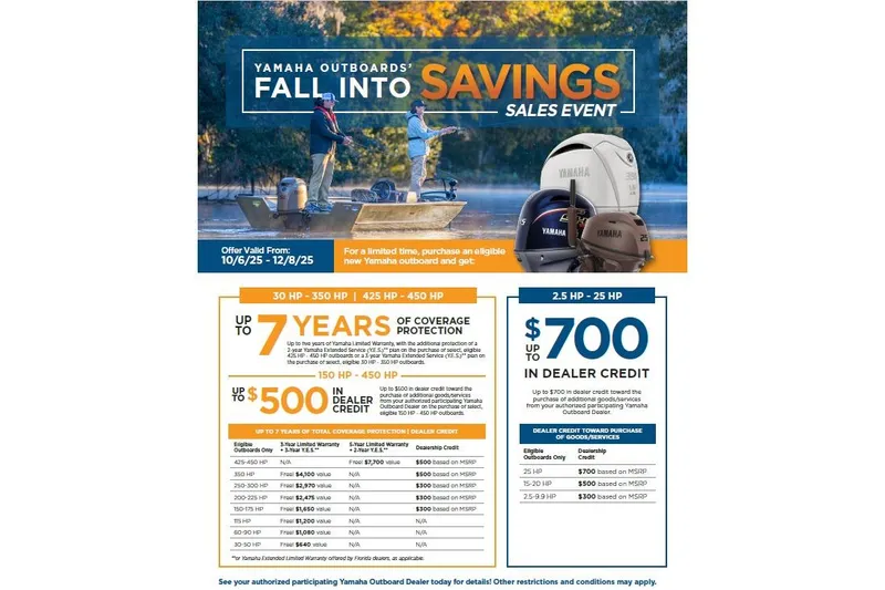 Slide: The Image of Yamaha Outboards Fall Savings Event 2025: Up to 7 Years Protection, $700 Dealer Credit. - 1
