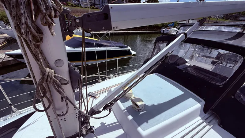 Slide: The Image of Sailboat deck view, Hunter 326, 2002 model, docked in a marina. - 36