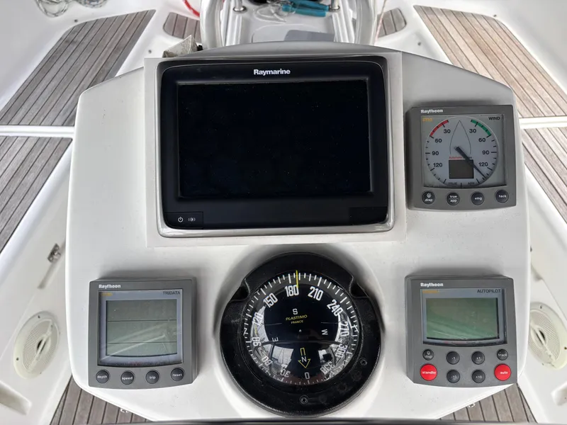 Slide: The Image of Control panel of 2001 Jeanneau Sun Odyssey 43 DS sailboat with navigation instruments. - 10