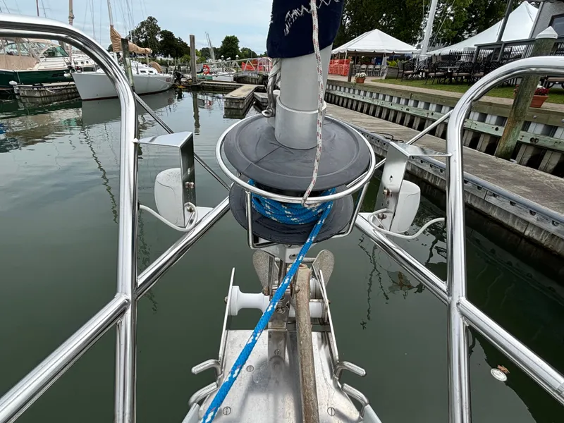 Slide: The Image of Bow view of 2001 Jeanneau Sun Odyssey 43 DS sailboat docked at marina. - 12