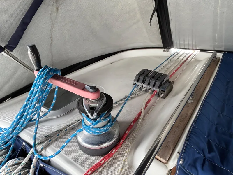 Slide: The Image of Winch and ropes on 2001 Jeanneau Sun Odyssey 43 DS sailboat deck. - 9