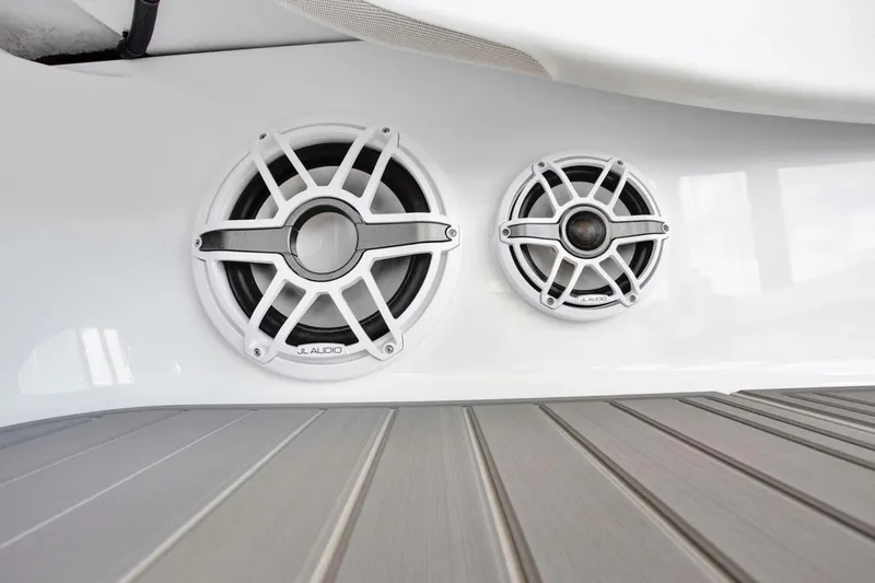 Slide: The Image of Speakers on a 2022 Freeman 47T boat, featuring JL Audio marine sound system. - 41
