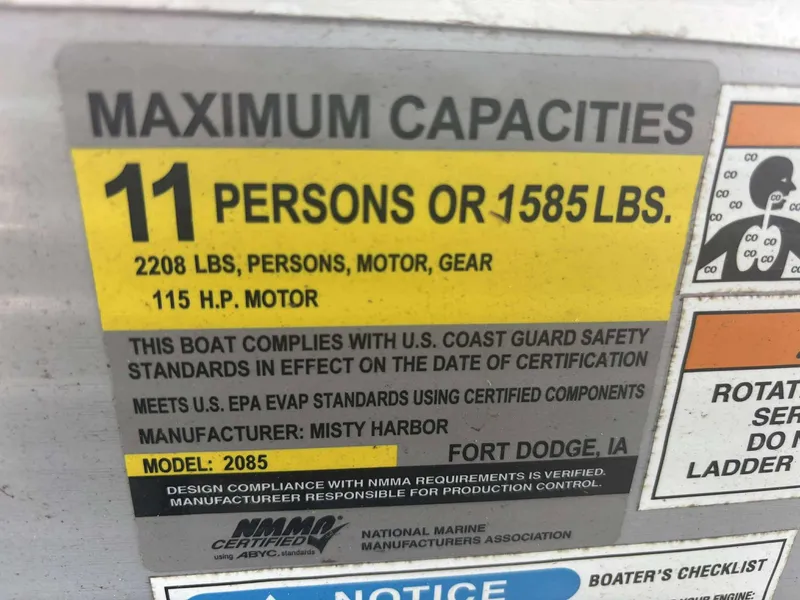 Slide: The Image of Capacity label for 2019 Misty Harbor 2085 Adventure CF, max 11 persons or 1585 lbs. - 8