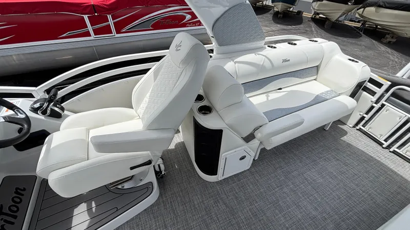 Slide: The Image of Luxurious seating on 2025 JC Sporttoon 27TT pontoon boat with white upholstery. - 10