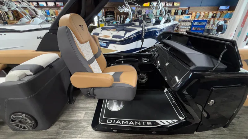 Slide: The Image of 2025 Viaggio Diamante D24UW A-T boat interior with luxurious seating and modern dashboard. - 14