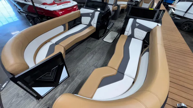 Slide: The Image of Luxurious interior of 2025 Viaggio Diamante D24UW A-T pontoon boat with stylish seating. - 28