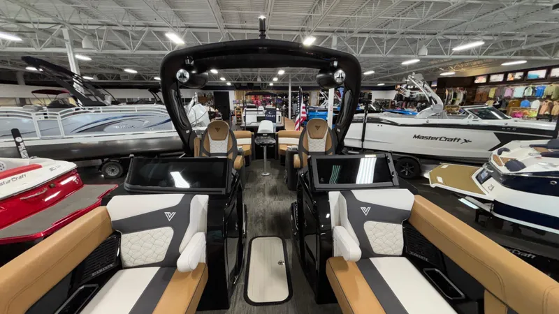 Slide: The Image of Luxurious 2025 Viaggio Diamante D24UW A-T boat interior in showroom, featuring elegant seating and modern design. - 33