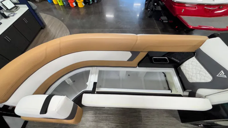 Slide: The Image of 2025 Viaggio Diamante D24UW A-T boat interior with tan and white seating, modern design. - 35