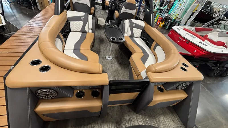Slide: The Image of Luxurious 2025 Viaggio Diamante D24UW A-T boat interior with tan and gray seating. - 5