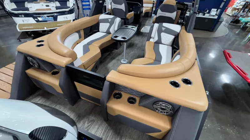 Slide: The Image of Luxurious 2025 Viaggio Diamante D24UW A-T boat interior with plush seating and modern design. - 8