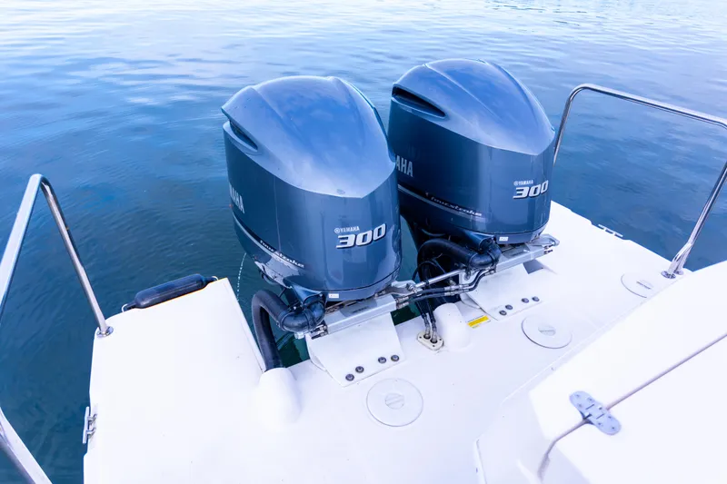 Slide: The Image of Twin Yamaha 300 engines on a 2021 Cutwater C-32 CB boat. - 49