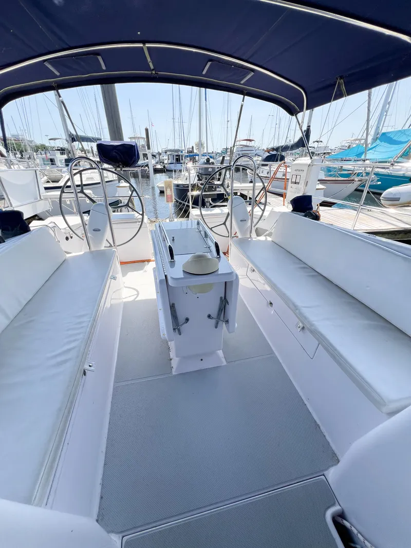 Slide: The Image of 2019 Catalina 425 yacht cockpit with dual steering wheels and white seating. - 8