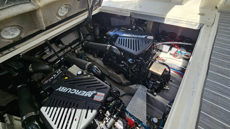 Slide: The Image of Engine compartment of a 2005 Sea Ray 390 Sundancer with twin MerCruiser engines. - 41