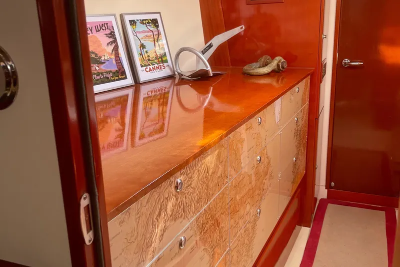 Slide: The Image of Interior of 2006 Hanse 461 yacht with wooden cabinetry and decorative artwork. - 20