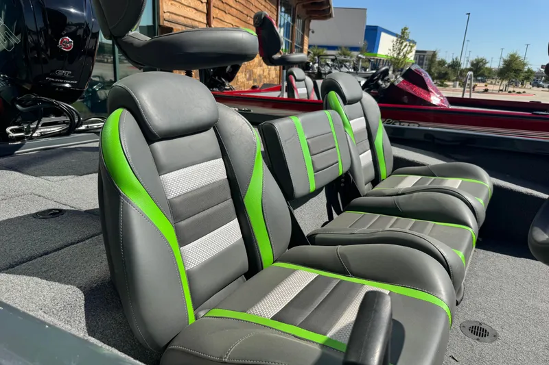 Slide: The Image of 2025 Ranger RT188 boat interior with stylish green and gray seating. - 27