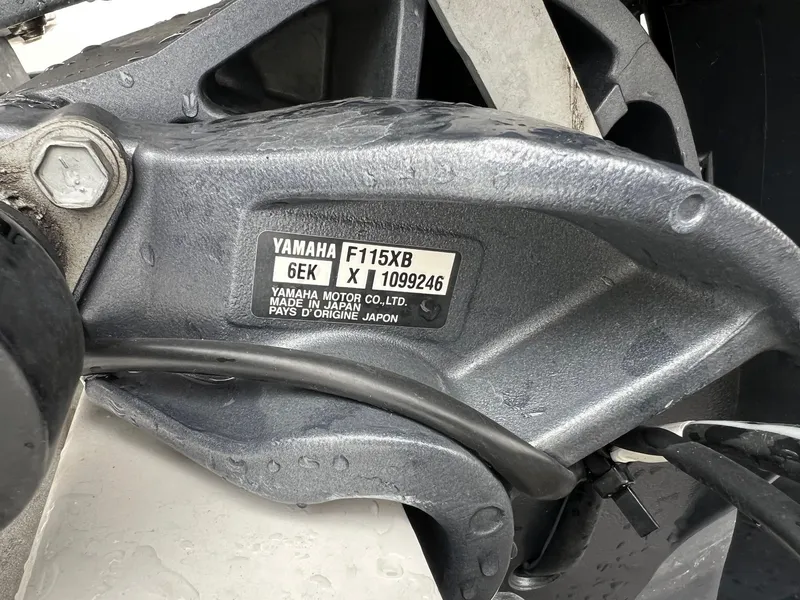 Slide: The Image of Outboard motor detail on a 2024 Novurania DL 550 boat, featuring Yamaha F115XB model. - 16