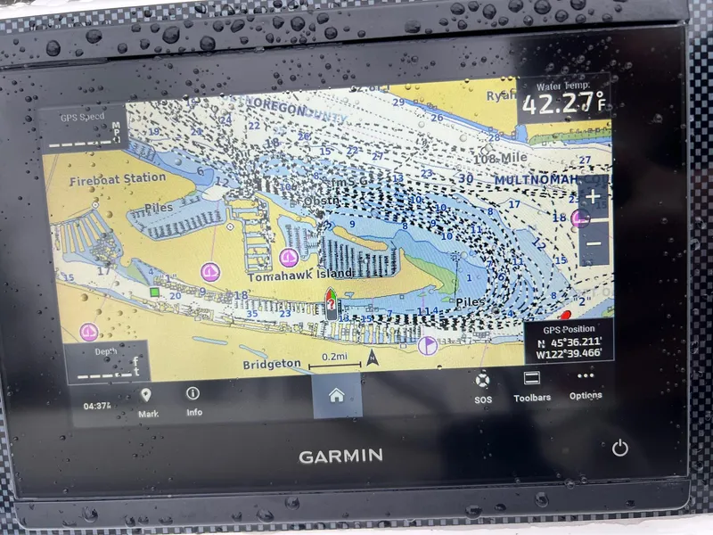 Slide: The Image of Garmin GPS display on Novurania DL 550, 2024, showing Tomahawk Island navigation map. - 18