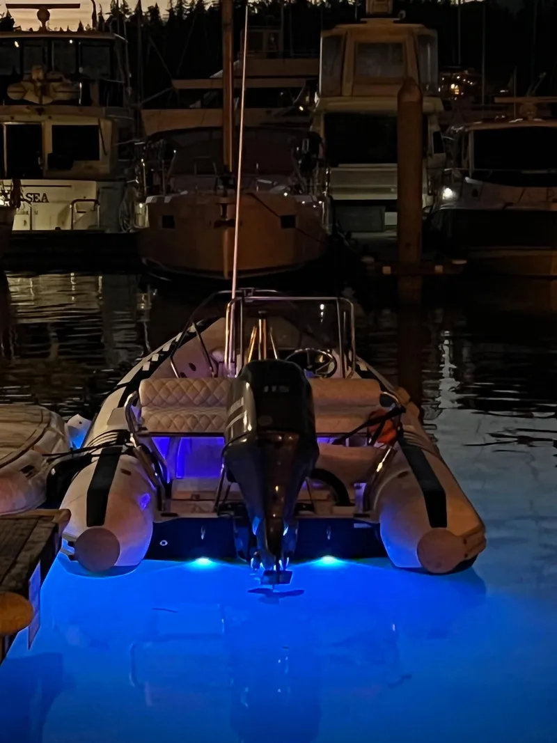 Slide: The Image of 2024 Novurania DL 550 boat with blue underwater lights docked at night. - 5