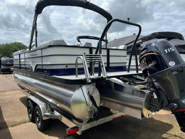 Slide: The Image of 2025 Veranda VS22RC pontoon boat on trailer with Yamaha 115 outboard motor. - 2