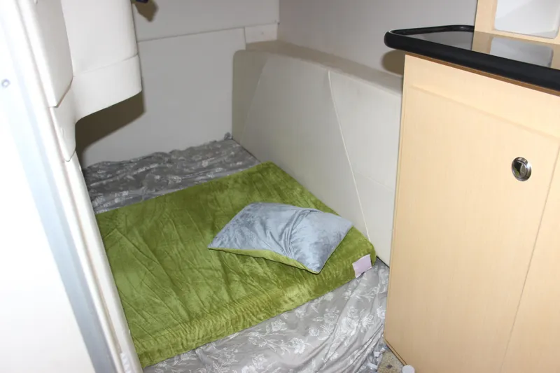 Slide: The Image of Interior cabin of 2012 Bayliner 315 Cruiser with bed and pillow. - 26