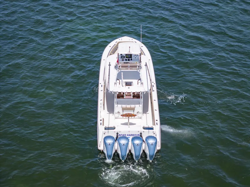 Slide: The Image of 2020 Everglades 435 Center Console boat on open water, aerial view. - 6