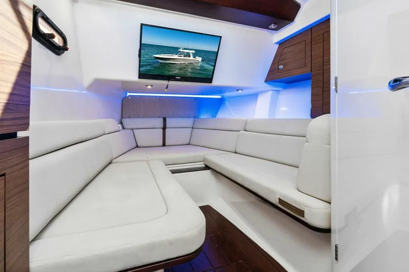 Slide: The Image of Luxurious interior of 2019 Boston Whaler 350 Realm with plush seating and modern amenities. - 2