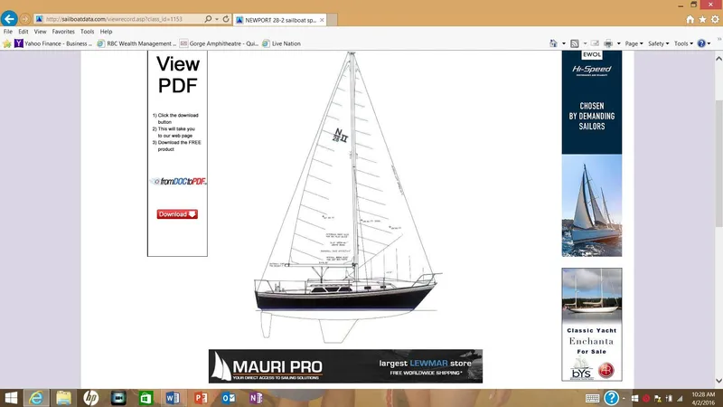 Slide: The Image of Diagram of a 1983 Newport 28 Sloop sailboat with detailed specifications and advertisements. - 2