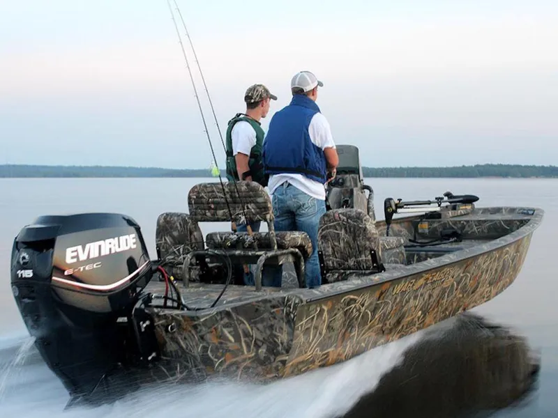 Slide: The Image of Two people fishing on a 2026 War Eagle Blackhawk 961 boat with Evinrude motor. - 3