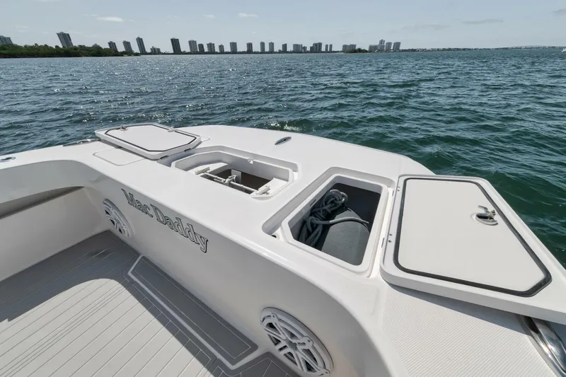 Slide: The Image of 2018 Invincible 40 Catamaran deck with open storage compartments on a sunny day. - 15