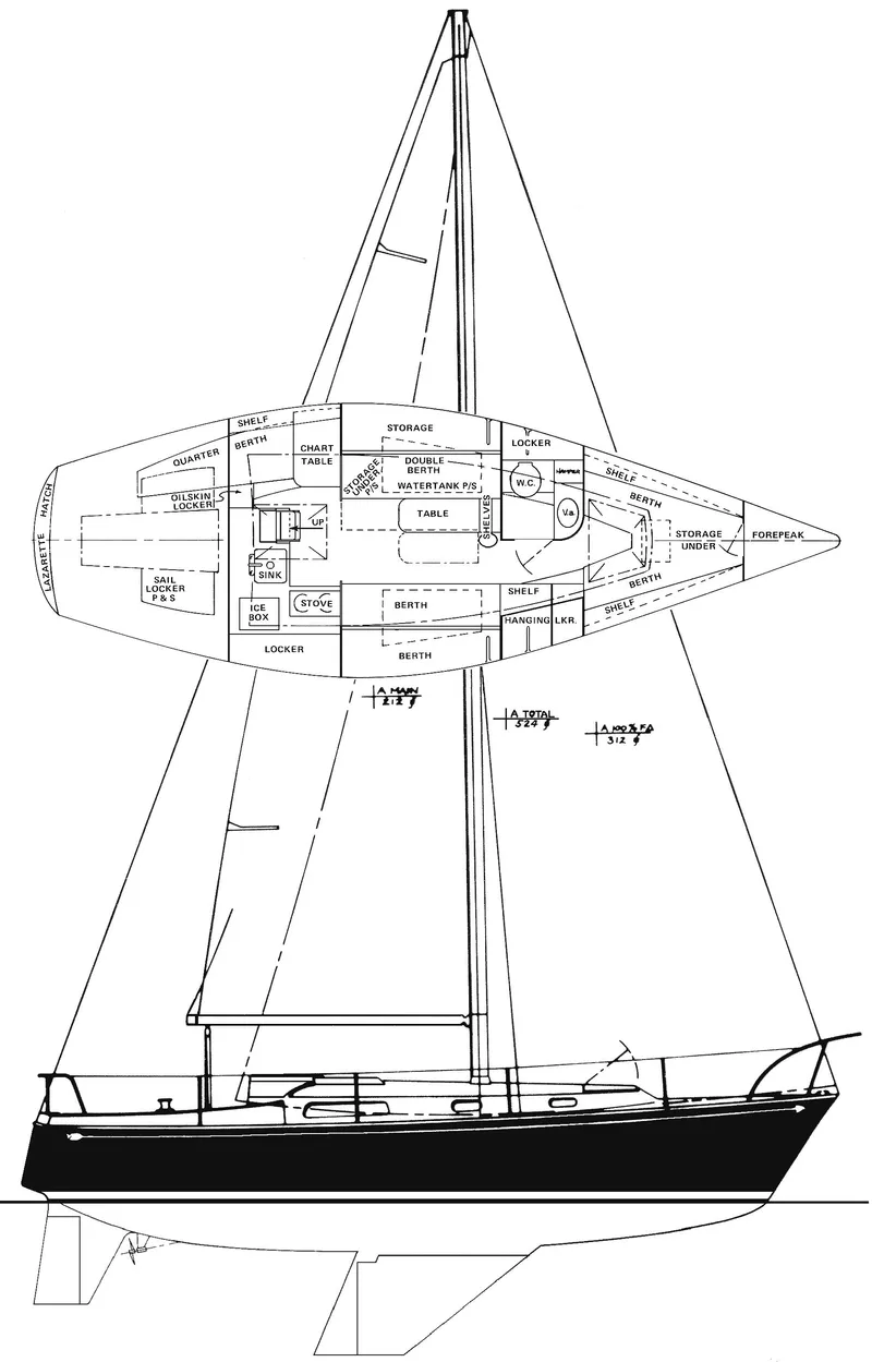 Slide: The Image of Line drawing of a 1977 Pearson 10M sailboat, showcasing interior layout and side profile. - 2