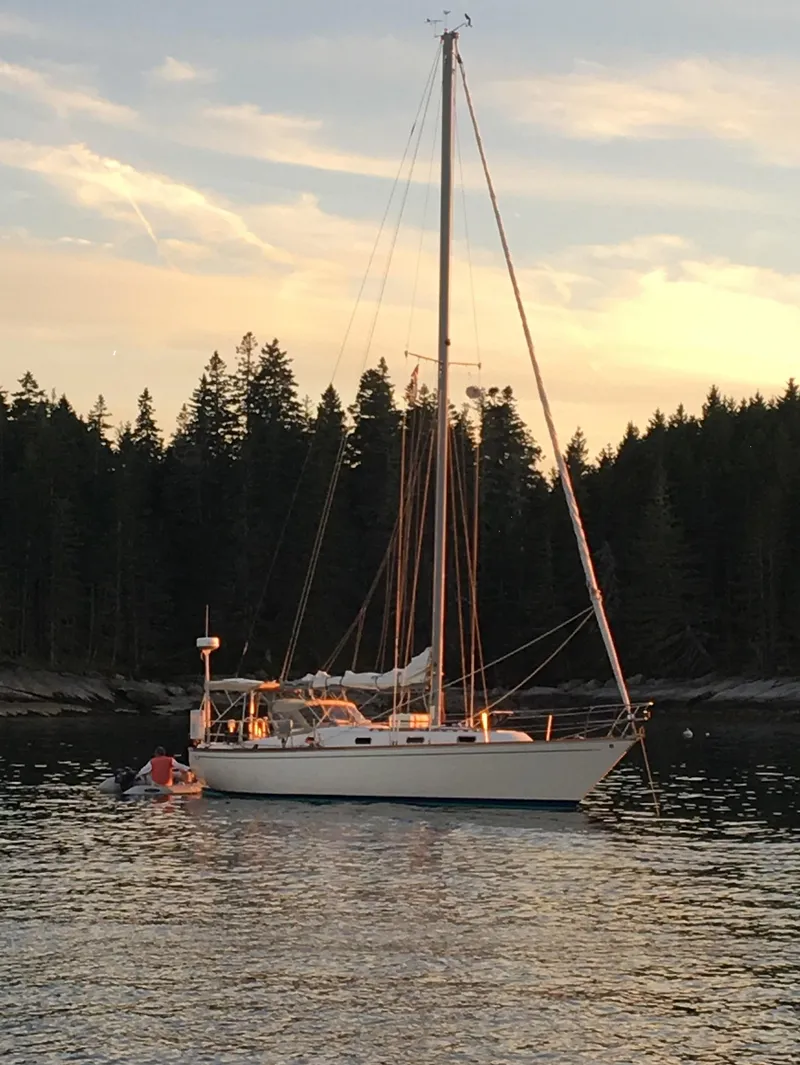 The Image of 1987 Tartan 40CB sailboat anchored on calm water at sunset, surrounded by trees. - 0