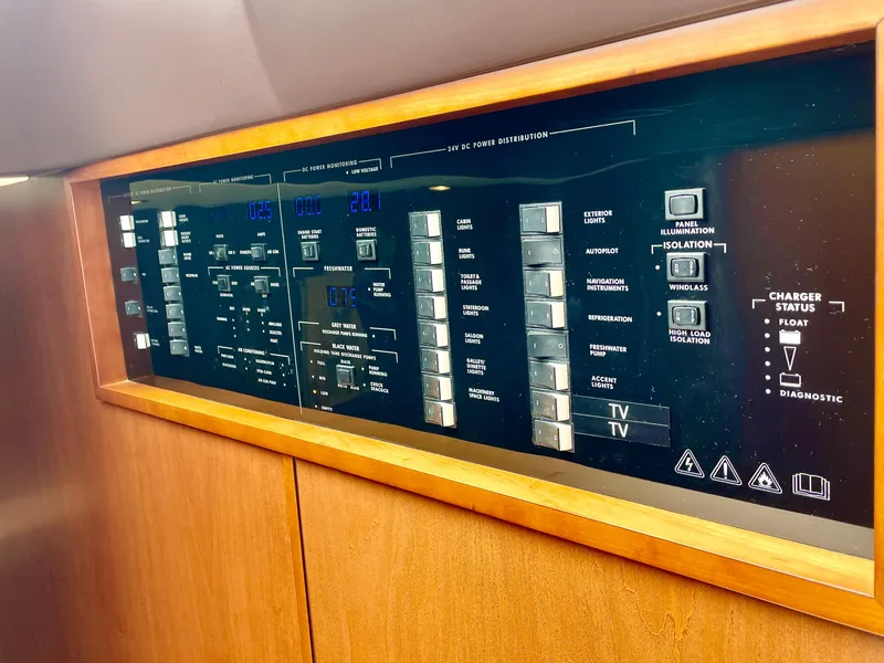 Slide: The Image of Control panel of a 2015 Princess f56 yacht, featuring various switches and indicators. - 30