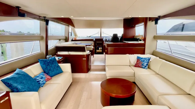 Slide: The Image of Luxurious 2015 Princess f56 yacht interior with white sofas and blue cushions. - 34