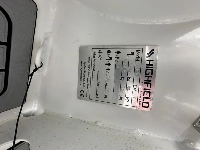 Slide: The Image of Highfield boat model plate with specifications, including capacity and power details. - 15