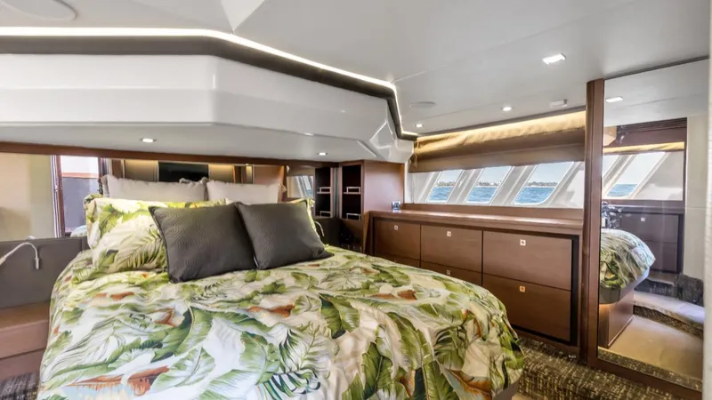 Slide: The Image of Luxurious 2015 Sea Ray 510 Fly yacht bedroom with tropical bedding and modern design. - 12