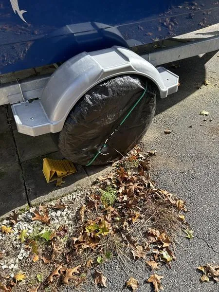 Slide: The Image of 2017 Bayliner Element F18 CC trailer wheel with cover, surrounded by autumn leaves. - 4