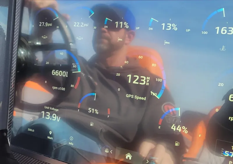 Slide: The Image of Dashboard of 2024 Mystic Powerboats C4000 showing speed, RPM, and other metrics. - 12