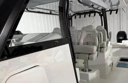 Slide: The Image of Interior view of a 2022 Freeman 43 boat with luxurious seating. - 3