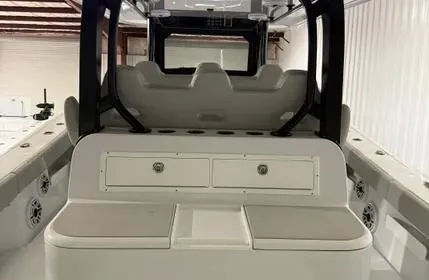 Slide: The Image of 2022 Freeman 43 boat interior with seating and storage compartments. - 7