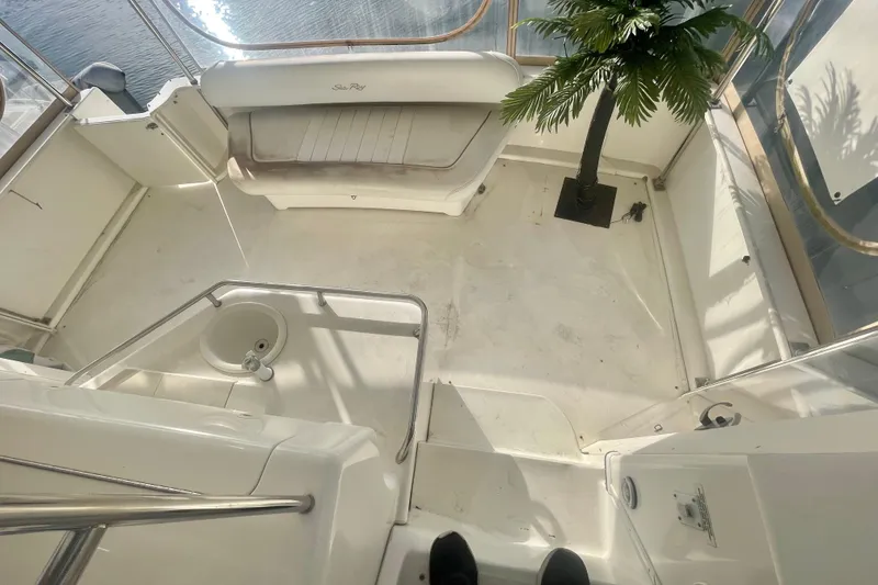 Slide: The Image of 1998 Sea Ray 370 Aft Cabin boat interior with seating and artificial palm tree. - 31