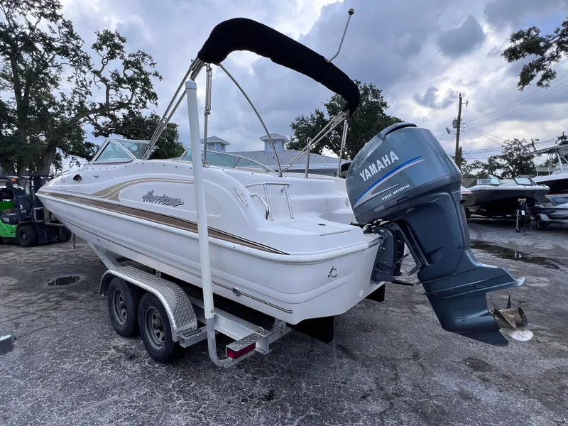 Slide: The Image of 2003 Hurricane 237 Fun Deck boat with Yamaha 200 Four Stroke engine on trailer. - 5