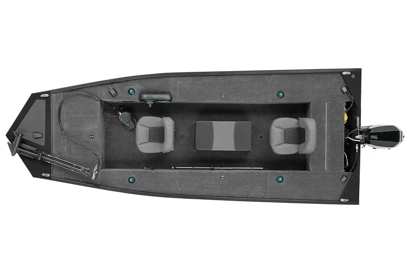 Slide: The Image of 2025 Tracker Panfish 17 boat on trailer, outdoor display with flags in background. - 2