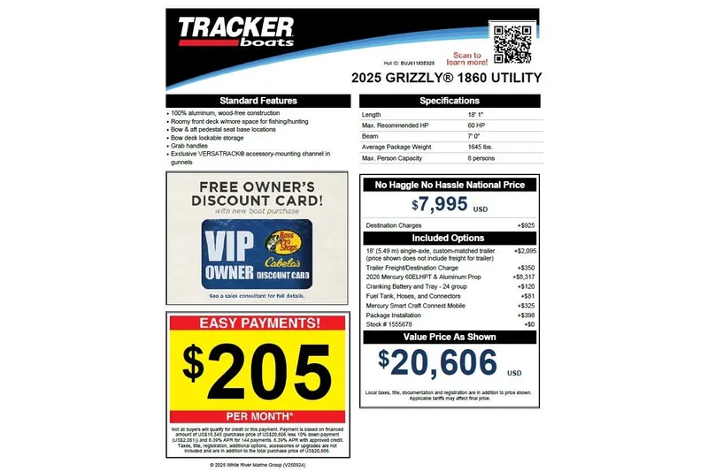 Slide: The Image of 2025 Tracker Grizzly 1860 Utility boat features, pricing, and payment options. - 4