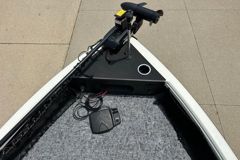 Slide: The Image of 2025 Ranger VS1682SC Reata boat bow with trolling motor and foot pedal. - 3