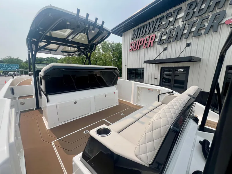 Slide: The Image of 2025 Navan S-30 boat interior at Midwest Boat Super Center, featuring sleek seating and modern design. - 17