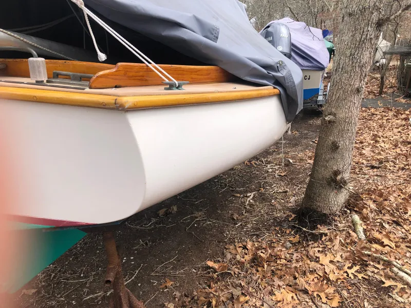Slide: The Image of 1983 Marshall Sandpiper sailboat, covered and stored outdoors, surrounded by fallen leaves. - 2
