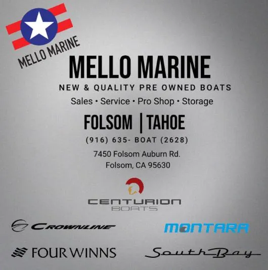 Slide: The Image of Mello Marine advertisement for new and pre-owned boats, featuring sales, service, and storage. - 43